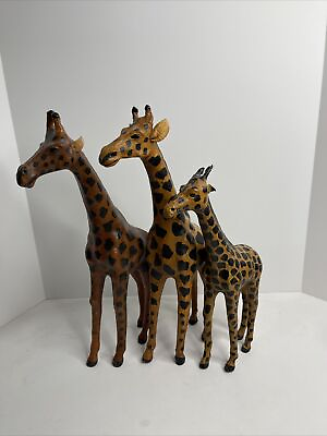 #ad Set of 3 Large Leather Covered Paper Mache Giraffes Figurines Family Africa 17”