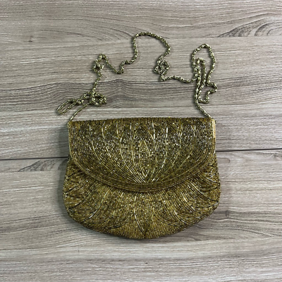 La Regale Womens Beaded Clutch Crossbody Evening Bag Gold Snap Chain Strap S $13.99