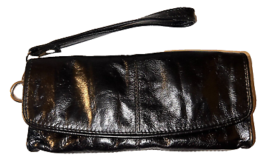 #ad Versatile Black Leather Use Any Time CLUTCH Wristlet Bag Purse w Silver Fixtures
