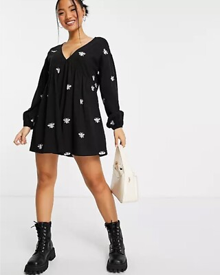 #ad Asos Design Mini Smock Dress Women’s Petite V neck With Silver Bee Embroidery ￼