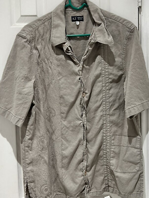 #ad Armani Jeans Khaki Short Sleeve Linen Shirt Size L