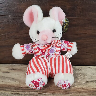 #ad Vintage Plush 4 Play Mouse Stuffed Animal Red Overalls Bow Tie Floral Whiskers