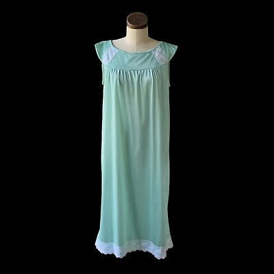 #ad Vintage MINT GREEN Long Floral Lace Nightgown Nightie Nylon USA