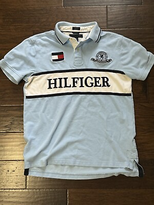 #ad Tommy Hilfiger Spellout Blue White Polo Mens Large Embroidered Flag Retro Preppy