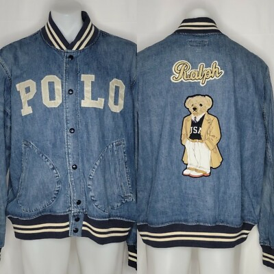 #ad Polo Ralph Lauren Mens Varsity Inspired Custom Bear Patch Denim Jacket Size 2XL