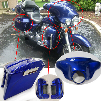#ad Blue Front Cowl Batwing Extended Saddlebags Lower Vented Leg Fairing For Harley
