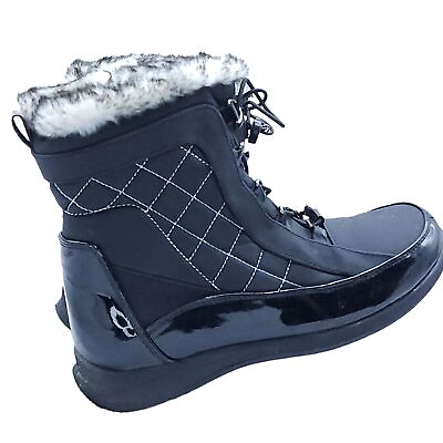 #ad Totes Women#x27;s Black Quilted LISA Rain Snow Boots Faux Fur Lined Side Zipper 9