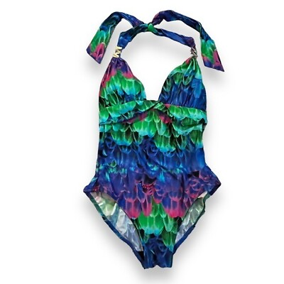 #ad Gottex One Piece Swimsuit Halter Open Back Colorful Blue Green Beach Size 6