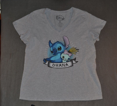 #ad Lilo And Stitch T Shirt Disney Women#x27;s Short Sleeve V Neck OHANA 3XL Gray