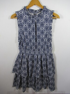 #ad Boden Ruffle Jersey Mini Dress US Size 10 Sleeveless Prussian Blue Vine Terrace