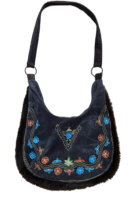 #ad Velour Embroidered Purse Fur Boho Hobo Floral Shoulder Bag Hippie
