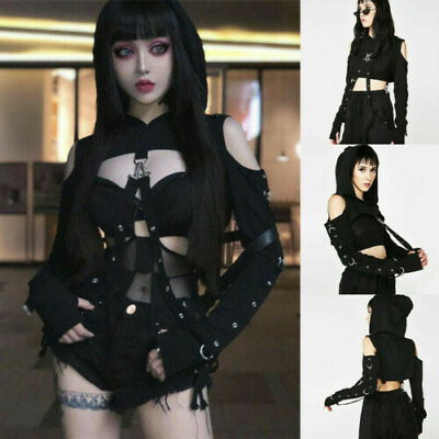 #ad Punk Rave Crop Top Gothic Women Cosplay Broken Hole Street Strapless Hooded