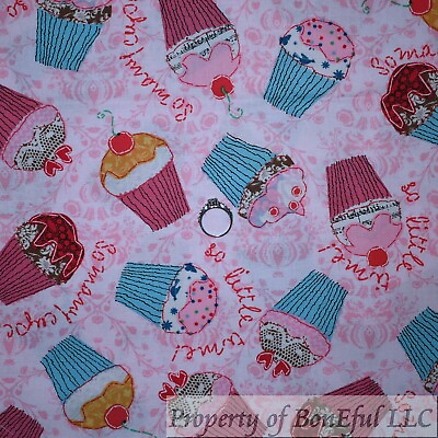 #ad BonEFul FQ Cotton Quilt Pink Girl Flower Birthday Cupcake Food Heart Red Cherry
