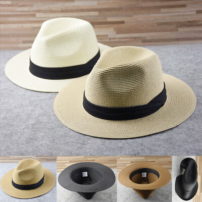 Panama Style Sun Hat Crushable Wide Brim Fedora Straw Beach Summer Hat Sunhat $14.76