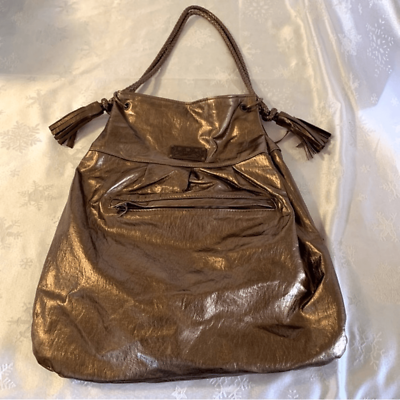 #ad Candies Handbag Satchel Hobo Bag Bronze Tone Fringe Detail Snap Closure Gorgeous