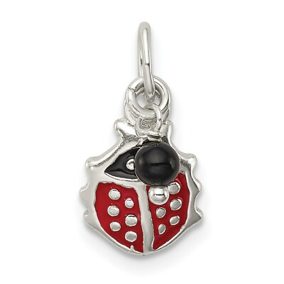 #ad Sterling Silver 925 Red Enameled Lady Bug w Bead Charm Pendant 0.59 Inch