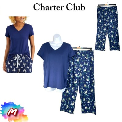 #ad NWT Charter Club M Cotton V Neck T Shirt amp; Blue Flora Pants 100116801MS Assorted