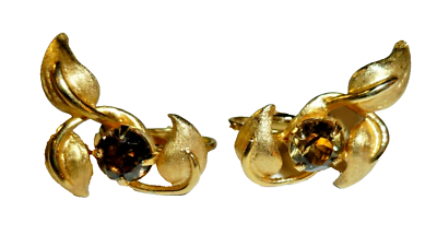 #ad Vintage Clip Earrings Smoky Rhinestone Gold Tone Amber