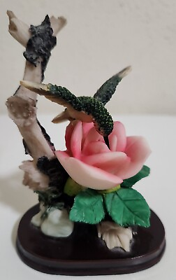 #ad Porcelain Hummingbird with Pink Flower wood base Smoke Free Home
