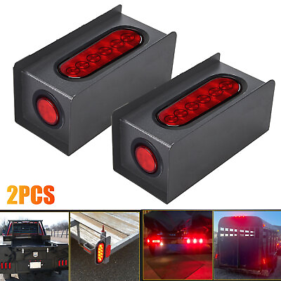 #ad 2pc Trailer Truck Red 6quot; Oval Tail 2quot; Marker LED Lights With Housing Steel Box