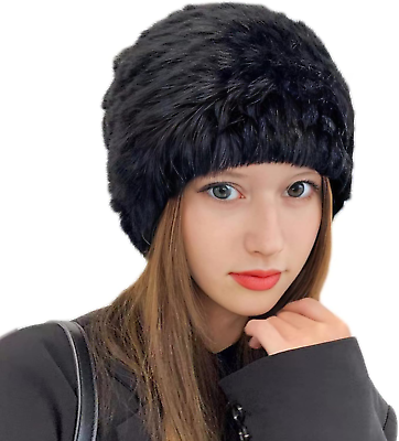 #ad Womens Rabbit Fur Hat Knitted Real Fur Hat Furry Fluffy Beanie Hats for Winter O