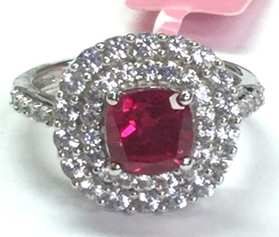 #ad Sterling Silver 925 Cushion Pink Tourmaline CZ Double Halo Cluster Cocktail Ring