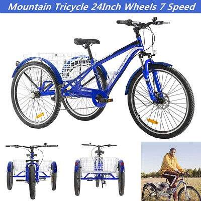 #ad 24quot; Three Wheels Cycling Adults Mountain Bike Tricycle 7 Speed Bicycle Men Women