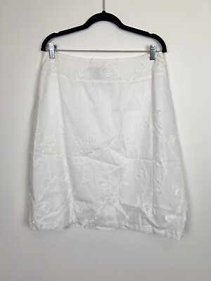 #ad Silkland 100% cotton white knee length skirt floral applique sz 12