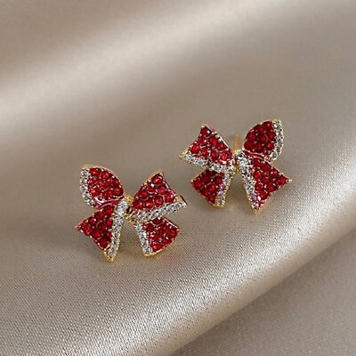 #ad Silver Red Bowknot Zircon Ear Earrings Stud Women Wedding Jewelry Gift Hot