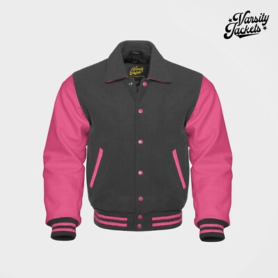 #ad DarkGray Wool Light Pink Sleeve Collar Varsity Jacket Letterman Baseball College