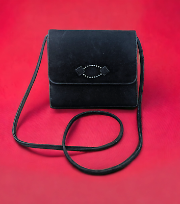 #ad Vintage Black Velvet and Rhinestone Evening Bag Purse
