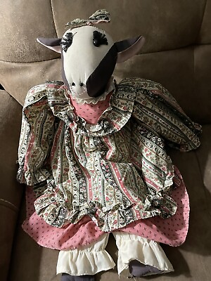 #ad rustic country fabric cow with dress stuffed animal.