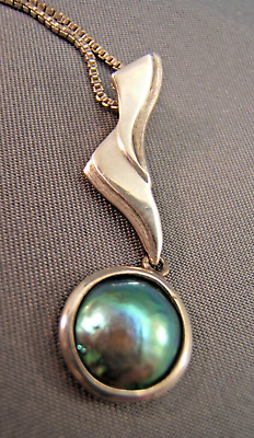#ad Art Jewelry Sterling Silver NZ Eyris Blue Pearl Pendant Necklace Paua Abalone