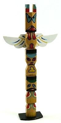 #ad Totem Pole Figurine with Wings and Base Hand Painted Hand Carved Wood 14quot; Tall