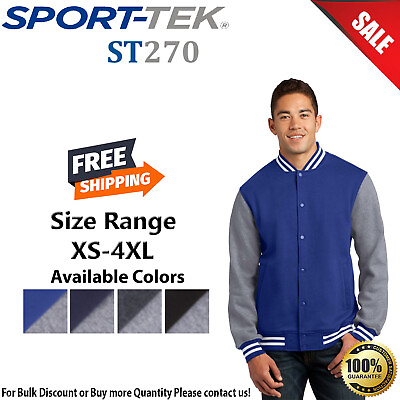 #ad Sport Tek Mens Long Sleeve Fleece Letterman Jacket With Pockets ST270