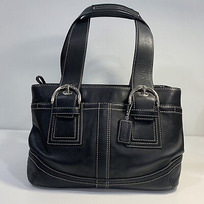 COACH Women Black Leather Logo Charm Zip Shoulder Handbag Purse Buckle Stitching