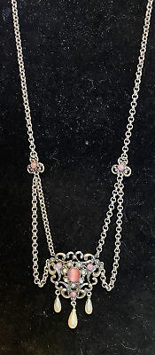 #ad 50s vintage Swag Festoon Revival Necklace Silvertone Faux Pink Moonstone Pearl