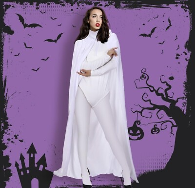 #ad White Hooded Cape Bodysuit Adult Long XL Halloween Costume 3 Pc. Set