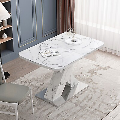 #ad Modern Rectangle Stretchable Dining Table with White Faux Marble Table Top