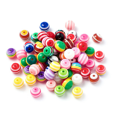#ad 100 x Round Resin Stripe Beads Mixed Color Crafts about 8mm in diameter hole 2mm