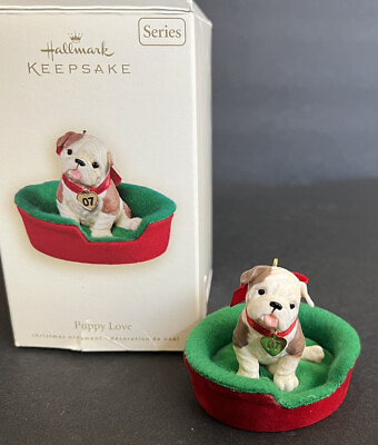 #ad Hallmark Keepsake 2007 Puppy Love Ornament #17 English Bulldog Puppy in Bed