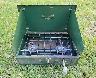 #ad Vintage Coleman 425F Green 2 Burner Gas Compact Camp Stove USA Liquid Fuel