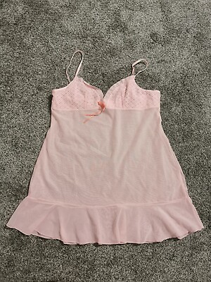 #ad Victoria#x27;s Secret Pink Lace Sheer Baby Doll Nighty Lingerie Size L