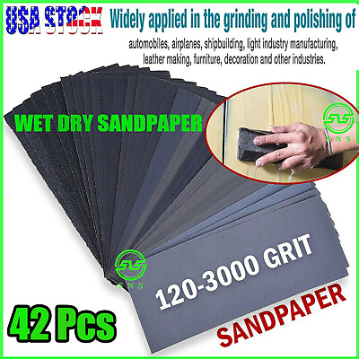 #ad 42pcs Sandpaper Sand Paper Sanding Sheets Assorted Auto Wet Dry Wood Car Metal