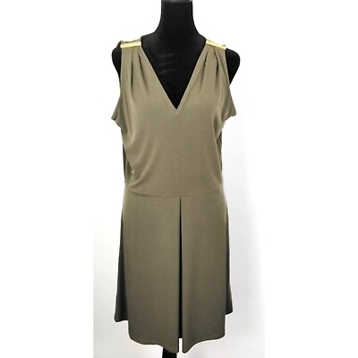 #ad Michael Kors Stylish Knee Length Army Green Sleeveless V Neck Dress Zip Size 6