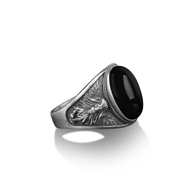 #ad Solid 925 Sterling Silver AAA Onyx Gemstone Winged Lion Signet Animal Men#x27;s Ring