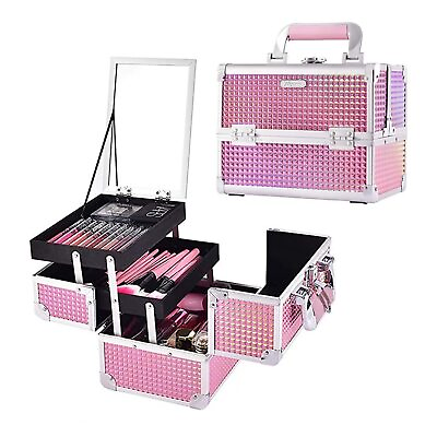 #ad Makeup Train Case Cosmetic Box Portable Makeup Case Organizer 2 Trays Makeup ...