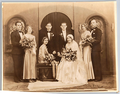 #ad Early Wedding Family Photo 8x10 Bride Groom Floral Antique Large Photo