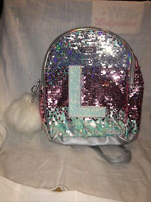 #ad Justice Backpack Girl#x27;s Sequin Initial quot;Lquot; Silver To Pink Awesome