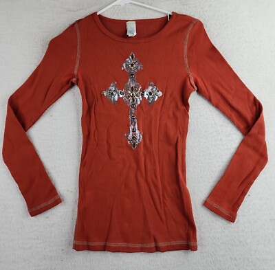 Jolie amp; Beau Sequined Cross Girls Youth Juniors Long Sleeve Thermal T Shirt Size $12.59